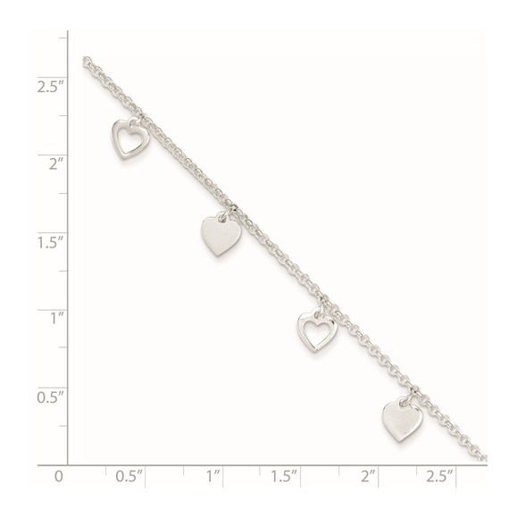 925 Sterling Silver 9" Polished Heart Charm w 1" ext. Summer Fine Jewelry Anklet - Picture 2 of 8